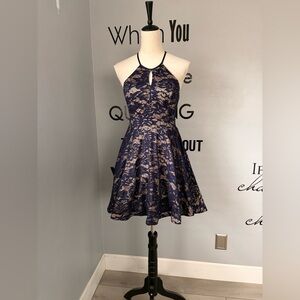 B Darlin Navy Lace Strappy Halter Glitter Fit & Flare Dress Size 11/12